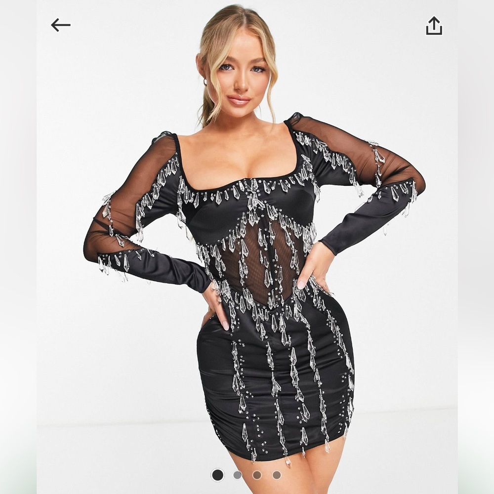 ASOS DESIGN long sleeve teardrop embellished dress with mesh panels in black